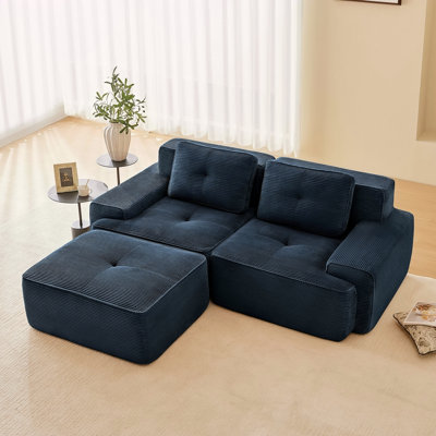 82" Modern L-Shaped Modular Sectional Sofa For Living Room, Corduroy Fabric, 2-Seater Couch With Deep Seat And Movable Ottoman, Pearl-Like Piping, Tufted Design, No Assembly, Anti-Slip Design​