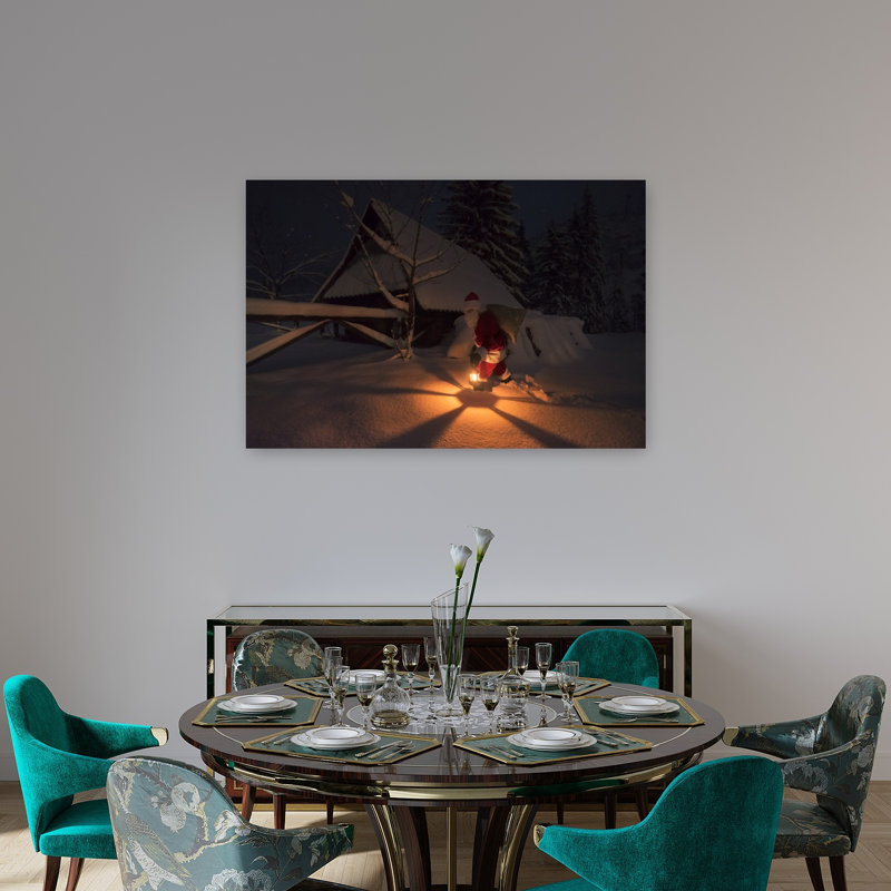 «Santa's Snowy Night Walk», impression d'art mural paysage forestier abstrait rustique, H 32 po x l 48 po