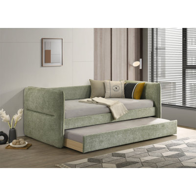 Luxueux lit de jour moderne 1 pièce avec lit gigogne escamotable capitonné et garniture cloutée, mobilier de chambre à coucher, finition vert clair
