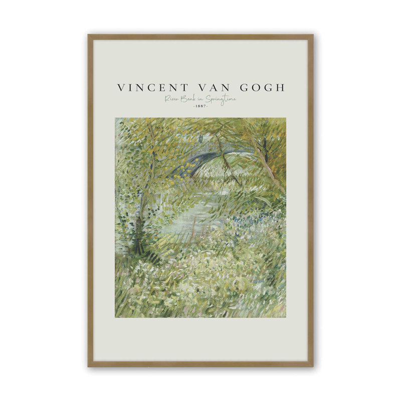 Van Gogh's River Bank in Spring print v2, Reproduction encadrée sans passe-partout, Or brossé, H 25,25 po x l 19,25 po