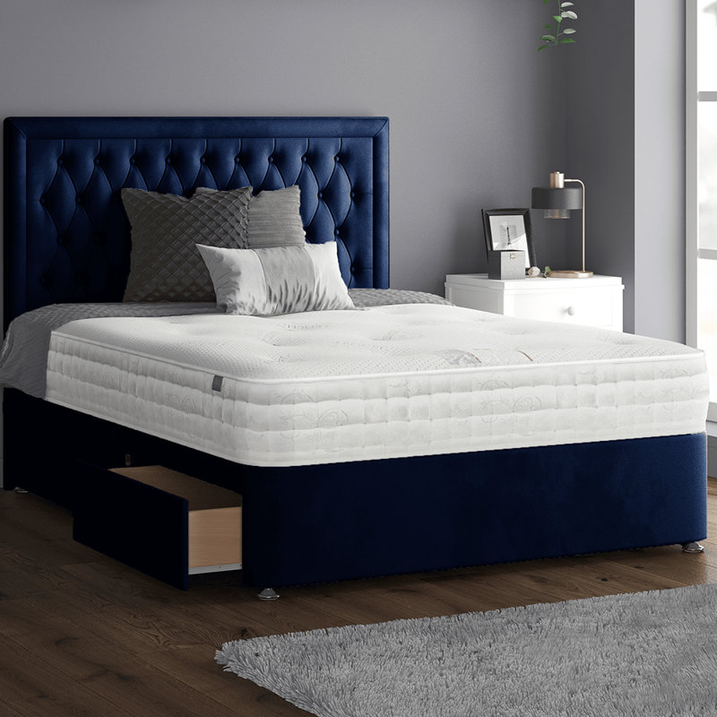 Gallego Upholstered Divan Bed, Single (3'), Royal Blue, 2 Left Drawers