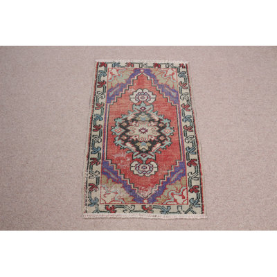Vintage Door Mat In Vibrant Red And Blue Medallion Pattern And Intricate Border Design