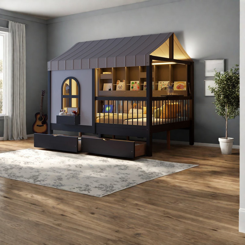 Lits de maison gris spacieux avec rangement spacieux, conception en bois multifonctionnelle