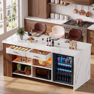Îlot de cuisine de 180 cm avec rangements et sièges, grande table d'îlot avec emplacement pour réfrigérateur, prise électrique et éclairage RVB, îlot de cuisine fixe avec tiroirs pour salle à manger ou bar, table à manger imitation marbre