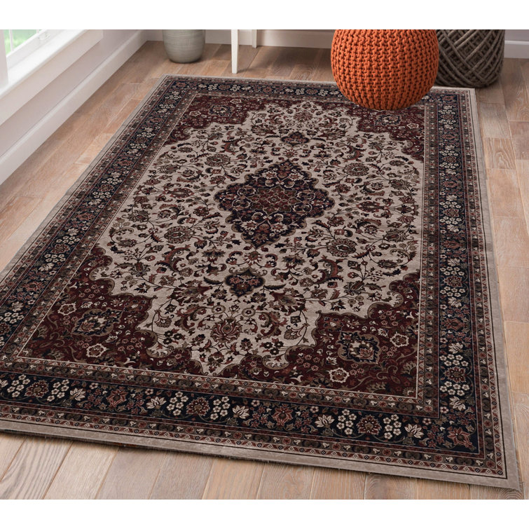 Emanuel Traditional Machine Woven Flatweave Cream and Rust Area Rug with Non Skid Backing
