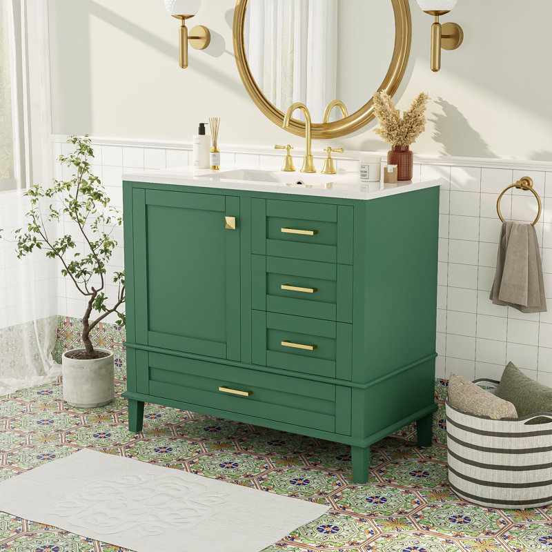 36"  Bathroom Vanity With Solid Pine Frame, 1 Soft Close Door And 3 Drawers , Modern Storage Cabinet, Green