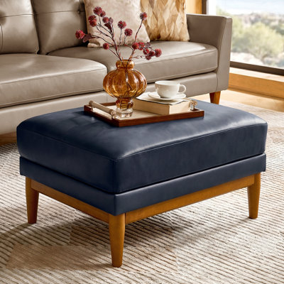 Repose-pieds en cuir véritable moderne Mid-Century avec pieds en bois massif 33,5 po Erauso