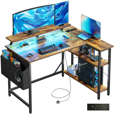 100 x 80 cm L-Shaped Gaming Desk with LED Lights & Power Outlets, Small Corner Computer Table with Storage Bag, Adjustable Shelves & Large Monitor Stand, Home Office Study Workstation, Brown