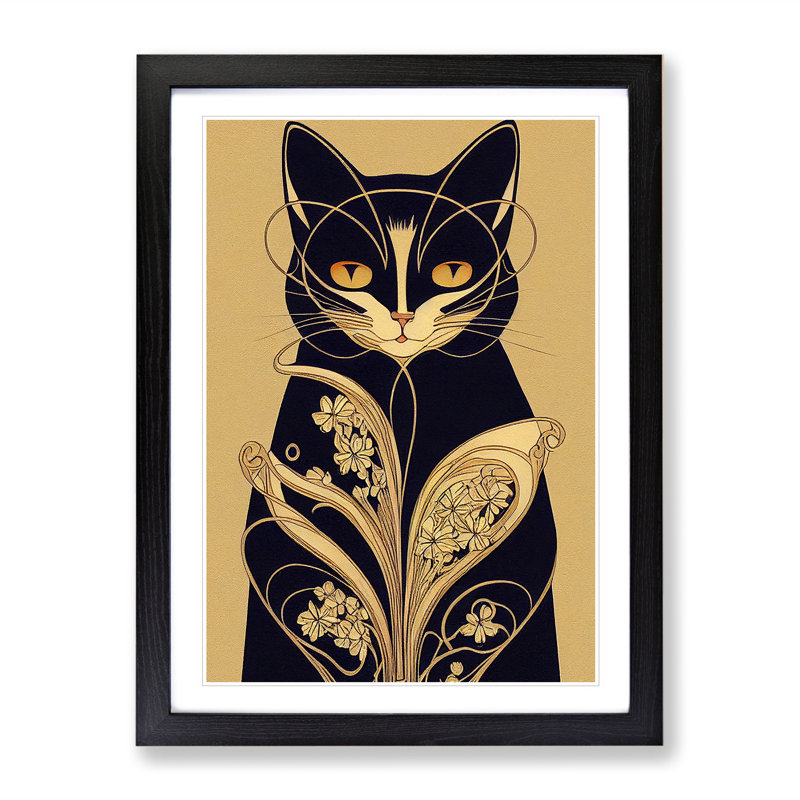 Cat Art Deco No.4 - Single Picture Frame Print, 64cm H x 46cm W x 2cm D, Black