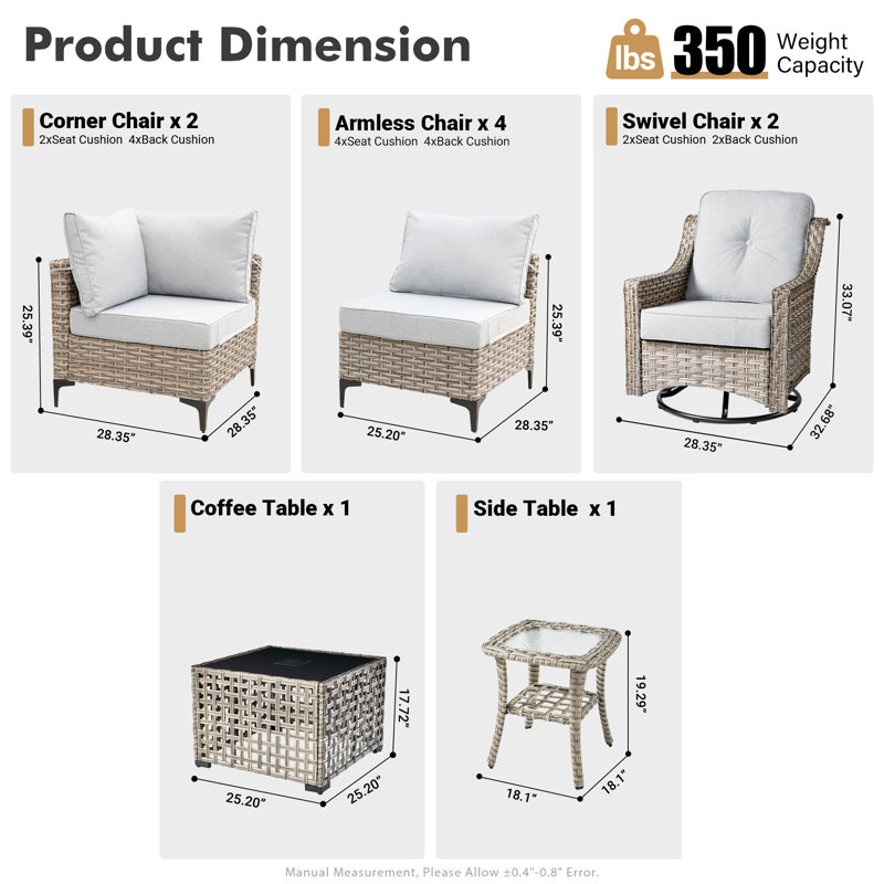 10- Piece Outdoor Patio Furniture Set, All - Weather Wicker Swivel Chairs with Thick Padded Cushions, Sectional Sofa, Coffee Table & Side Table for Garden, Backyard & Patio