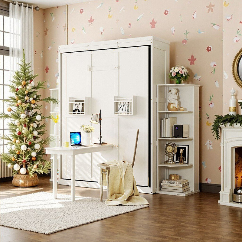Grand lit escamotable rotatif avec double bureau intégré et tablettes de rangement, Blanc