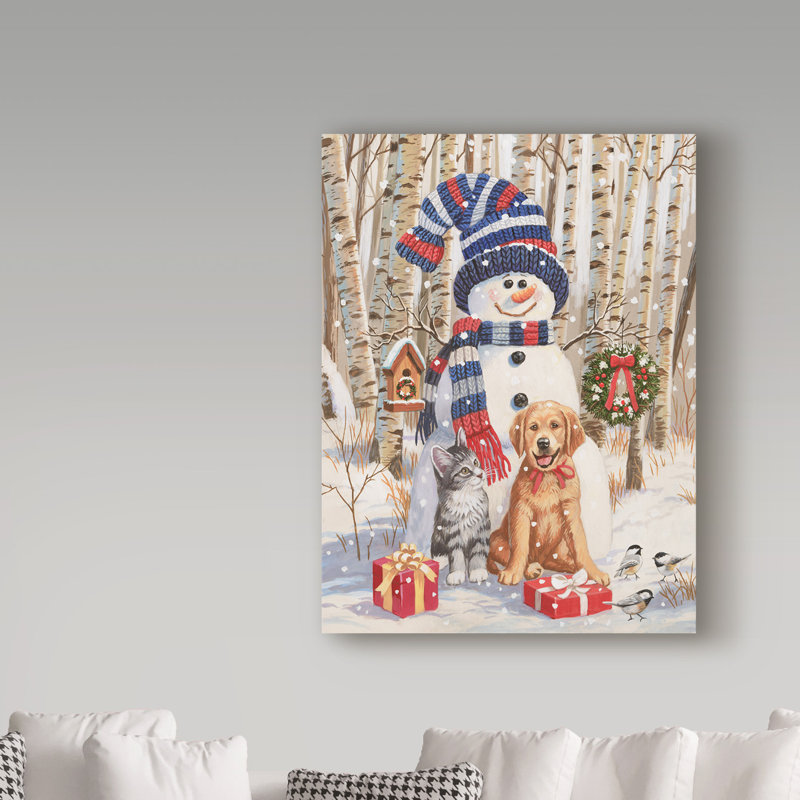 «Chaton et chiot avec bonhomme de neige» de Draiven, impression sur toile tendue, H 19 po x l 14 po x P 2 po