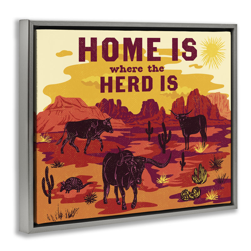 Cadre flottant Western Home Where Herd Is, conception par Diane Labombarbe, Cadre flottant gris lustré, H 17 po x l 21 po