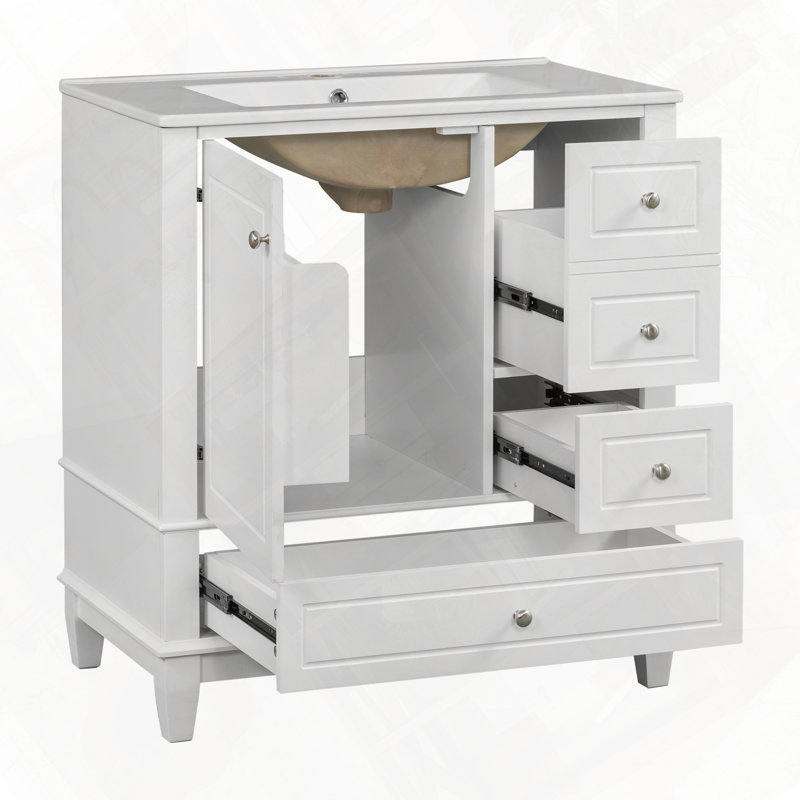 Meuble-lavabo de salle de bain avec lavabo, une porte et trois tiroirs, Blanc
