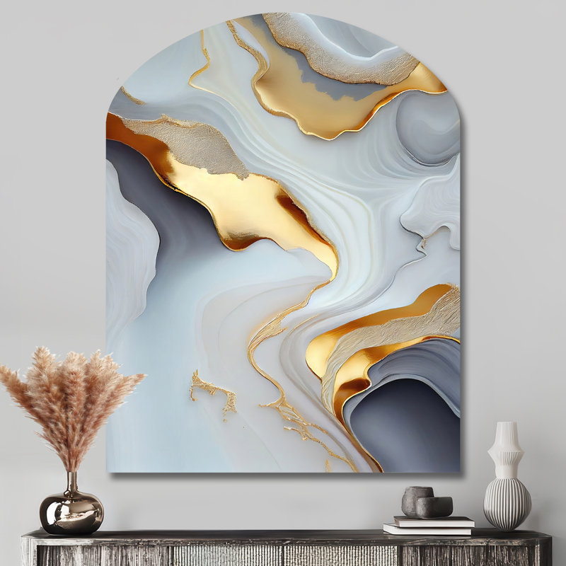 Marbre blanc et or abstrait IV - Art abstrait en marbre asymétrique, sculpture murale en arche, H 43 po x l 33 po x P 1 po