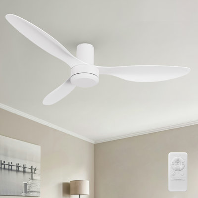 52" White Ceiling Fan No Light, 3-Blade Modern Flush Mount Fan with Remote, Quiet Reversible DC Motor for Indoor Use