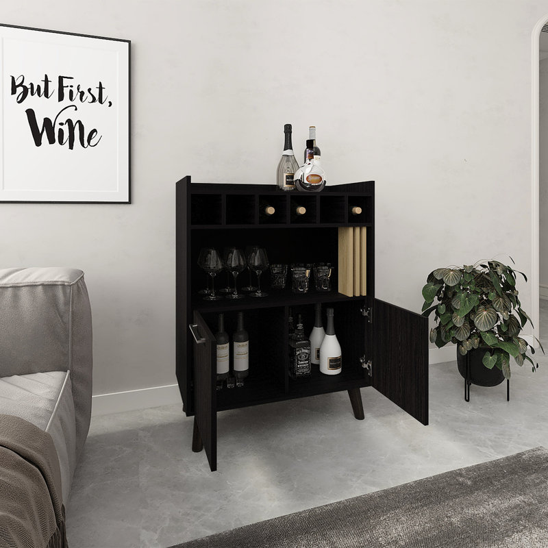 40" Dark Bar Cabinet With Six Bottle , Two Double Door Cabinets, Four Shelves, Home Decor Essential , Stylish Storage Option