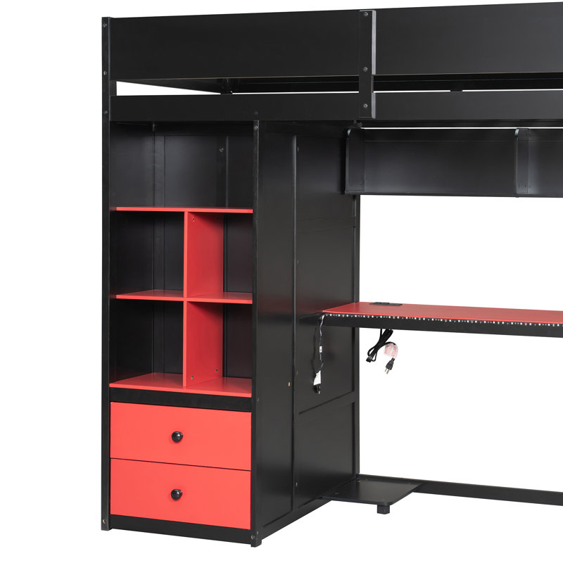 Lit mezzanine simple en bois massif avec bureau, armoire de rangement et penderie, bande lumineuse DEL, ports de chargement USB, noir et rouge