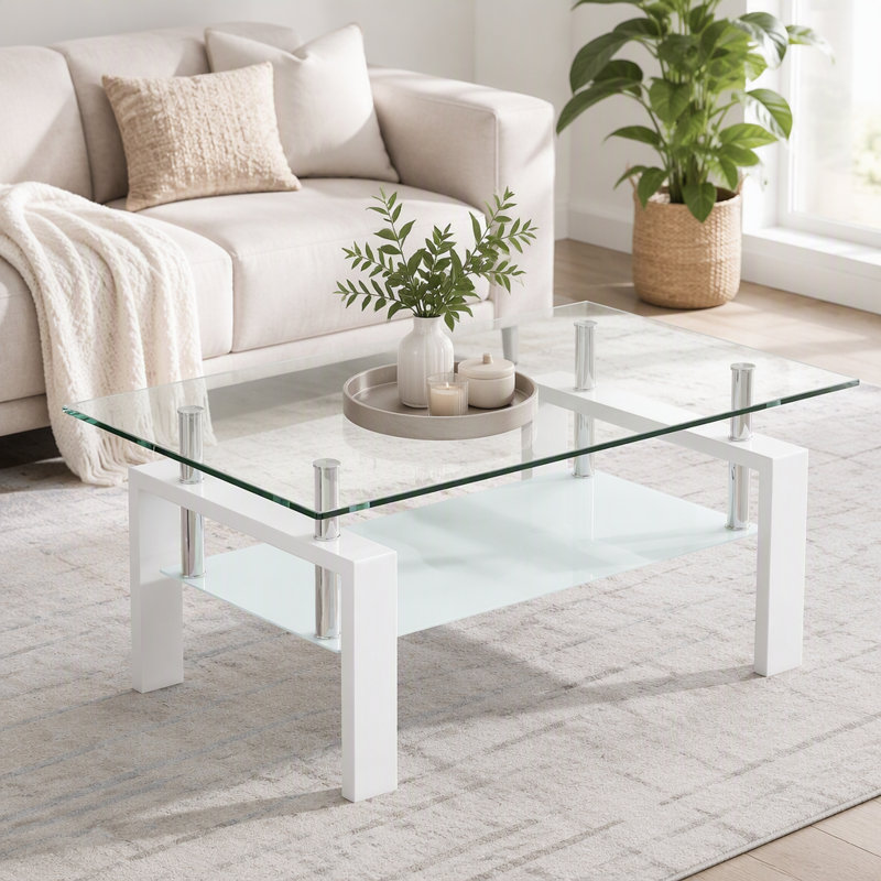 Table basse de salon en verre trempé, 2 couches