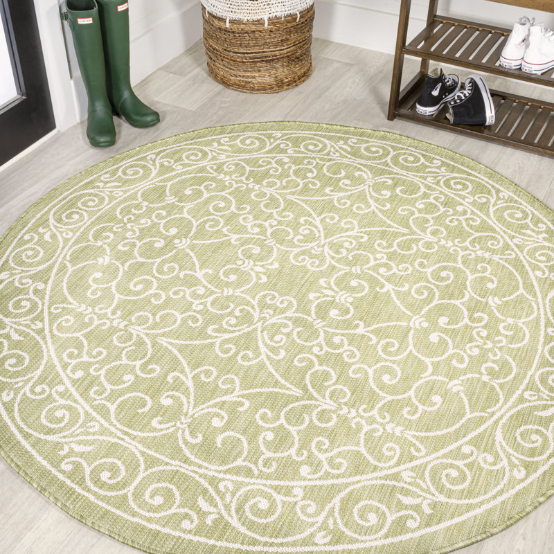 Dauphinais Vintage Filigree Textured Weave Green/Cream Indoor/Outdoor Rug, Round 5'3"
