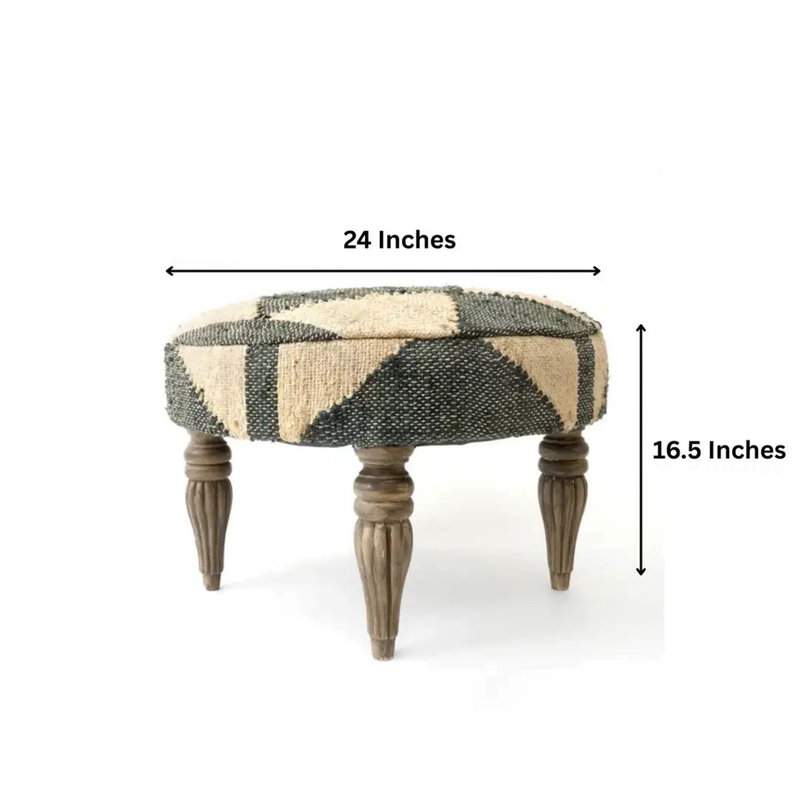 Tabouret d'appoint en tissu de jute à motif géométrique tissé de 24 x 16 pouces, Vert / beige tissé géométrique