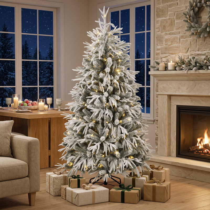 Sapin de Noël pré-illuminé de 1,80 m, sapin floqué, vert et blanc