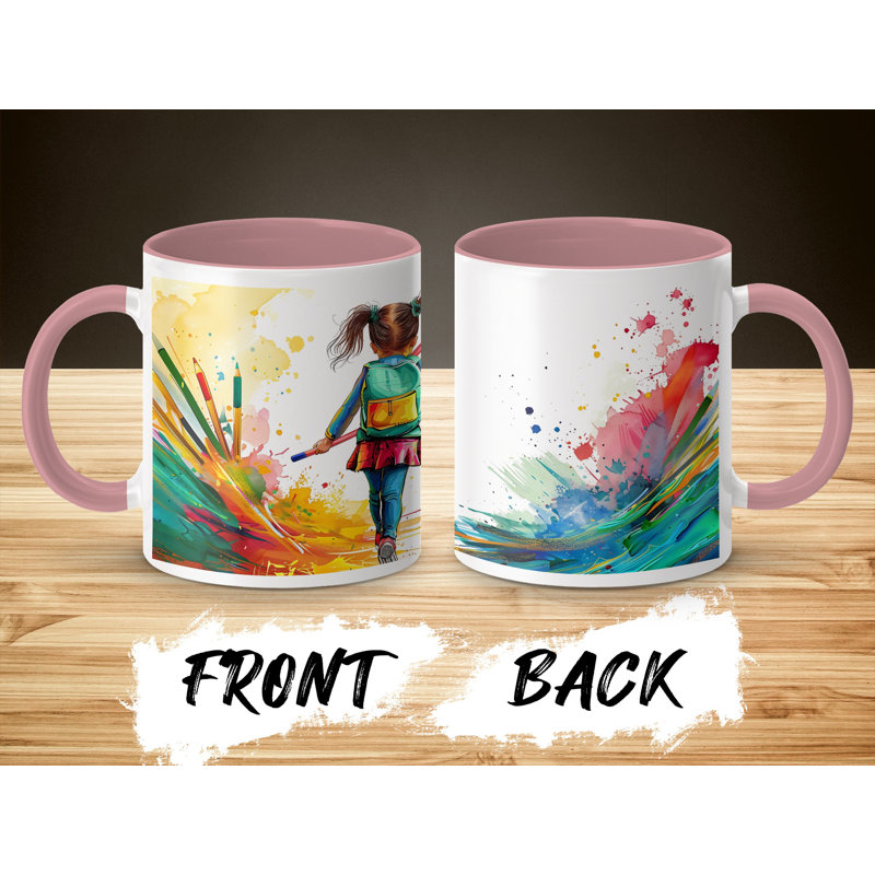 Kids Drawing Style 11oz Accent Mugs – Ceramic Coffee Cup with a Pink Handle and Interior