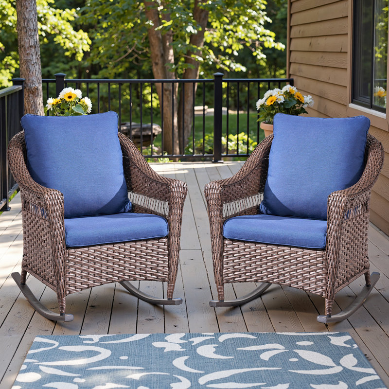 Ensemble de 2 chaises berçantes d'extérieur à dossier haut avec coussins Quirama, Bleu