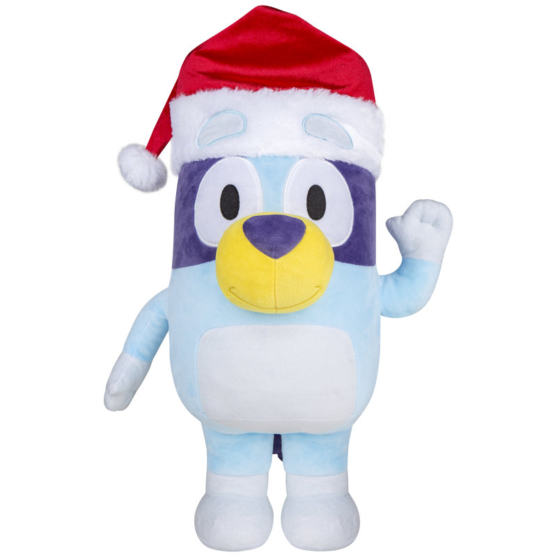 Blue and White Plush Dog Holiday Greeter with Santa Hat