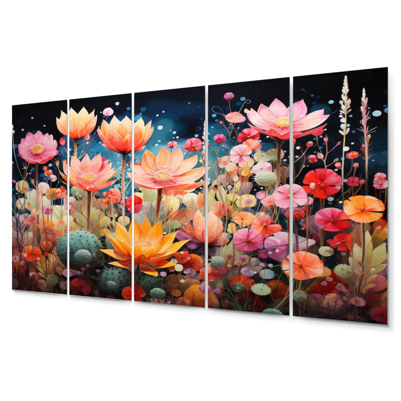 Peach Green Cactus Representation Multicolored Acrylic II - Floral Metal Art Print Set