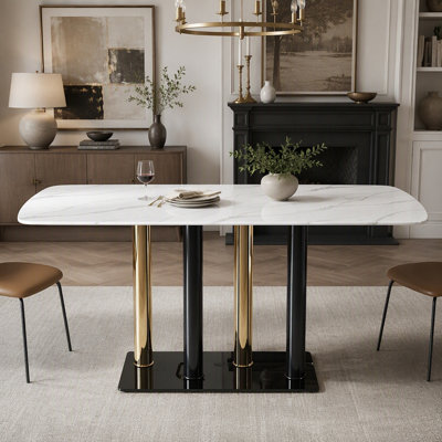 Table de salle à manger de luxe moderne, plateau rectangulaire en verre trempé de 51 po avec motif en marbre, base en métal galvanisé et peint en noir, table de cuisine pour 4 sièges, table de salle à manger rectangulaire pour la cuisine
