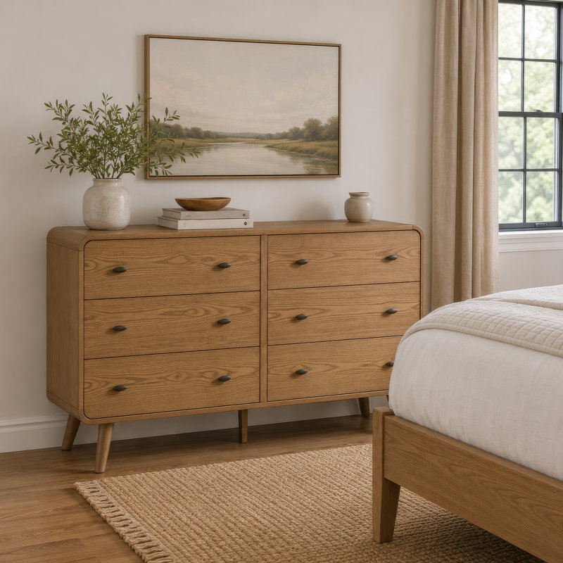 Grande commode à 6 tiroirs Ryb, pieds en angle, bois d'hévéa brun Ryb