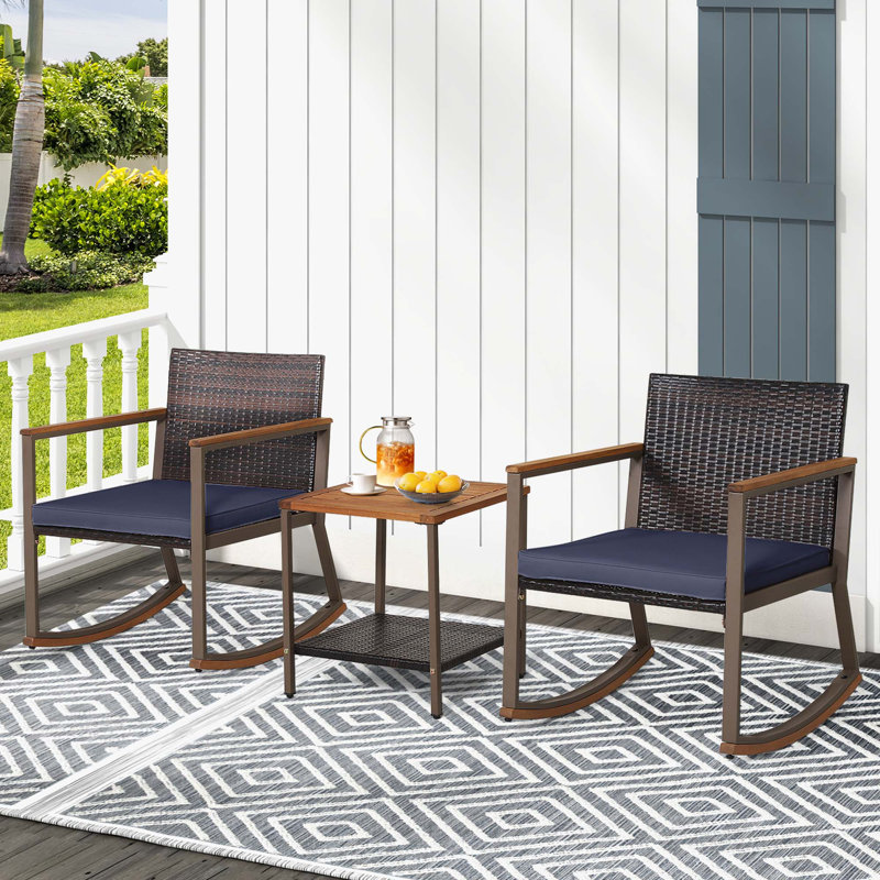 Arjen Acacia Wood Wicker 2 - Person Patio Conversation Set with Cushions, Navy