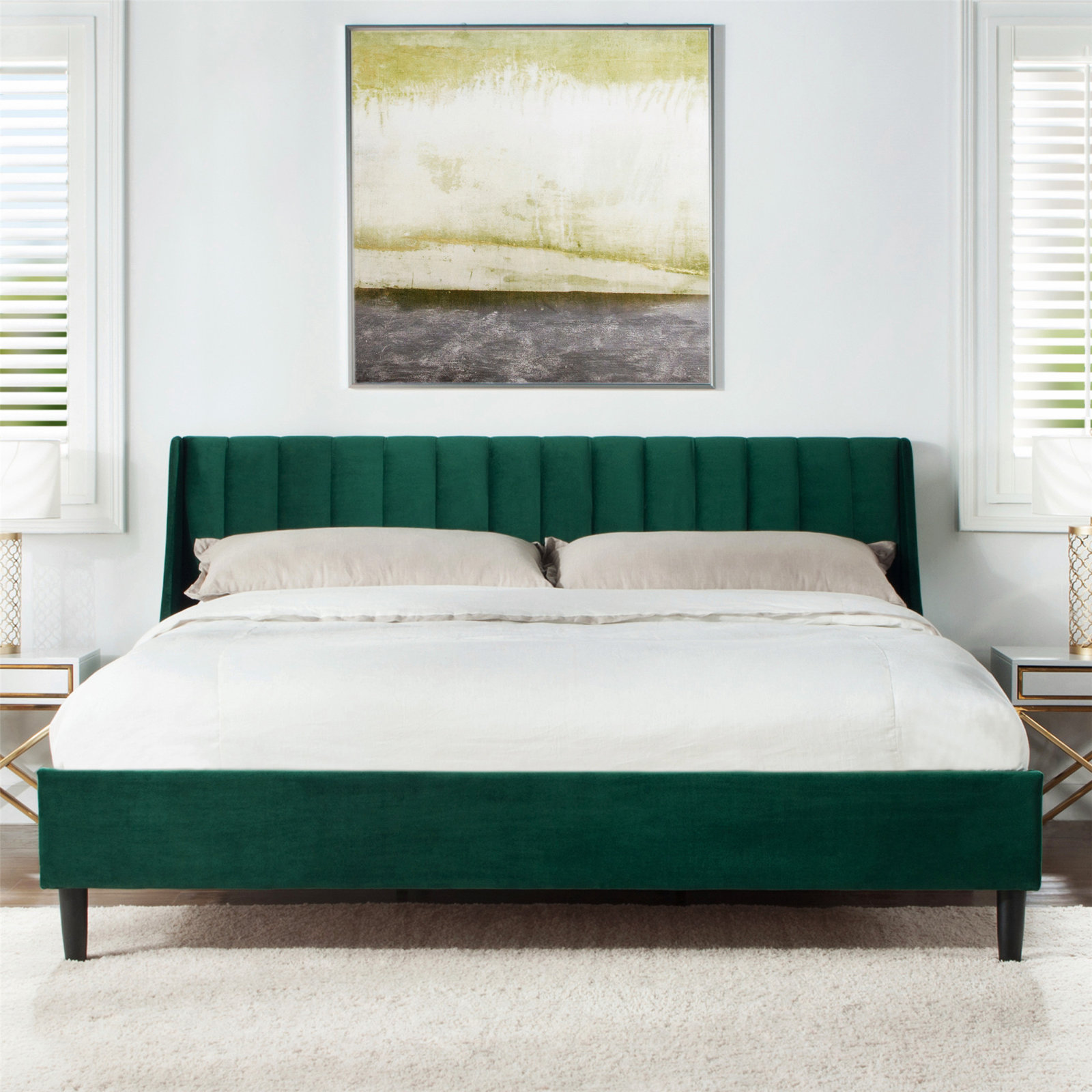 Helaina Upholstered Wingback Bed, Evergreen Velvet, California King