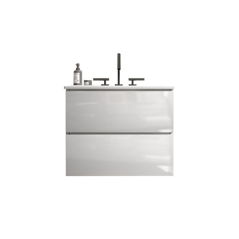 Support pour meuble-lavabo mural blanc brillant 24 po - évier en céramique 3 trous de robinet, volume de rangement généreux, espace moderne silencieux, tiroir