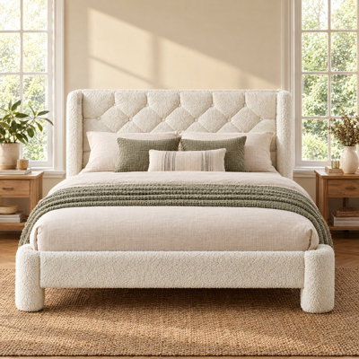 Upholstered Bed Frame with Wingback Button Tufted Headboard, Built‑in USB Ports and Storage Pockets, Heavy Duty Slat Platform Bed, No Box Spring Needed