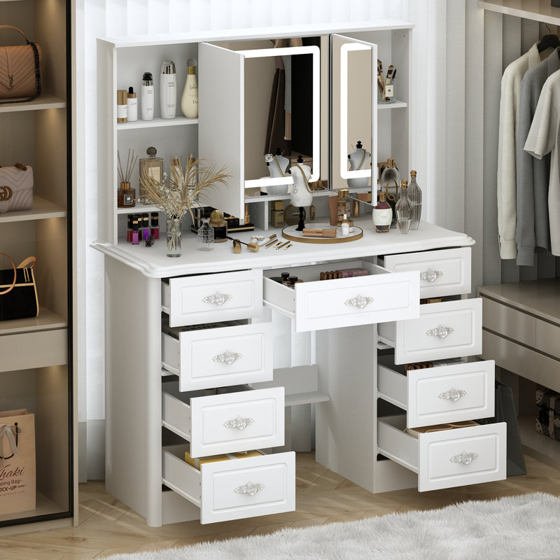 100cm Wide Modern Dressing Table with 9 Drawers & Lighted Mirror - High-Capacity Vanity Desk - White