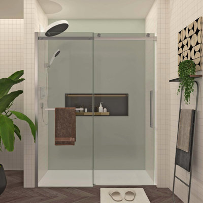 Glass Sliding Shower Door 56 - 60"w X 76"h With Brushed Nickel Hardware, Buffer Design, Easy Clean Coating For Updated Bathroom Towel Bar, Handle, And Water Repellent Contemporary
