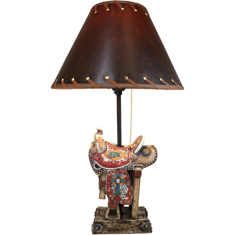 Rustic Western Cowboy Horse Saddle With Ichthys Jesus Fish Symbol Table Lamp