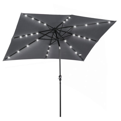 Parasol solaire de 9 pi x 7 pi, parasol de terrasse éclairé à DEL pour table ou base avec inclinaison et manivelle, parasol d'extérieur