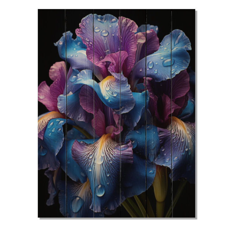 Iris mauve bleu irisé sur bois, H 40 po x l 30 po x P 0,78 po