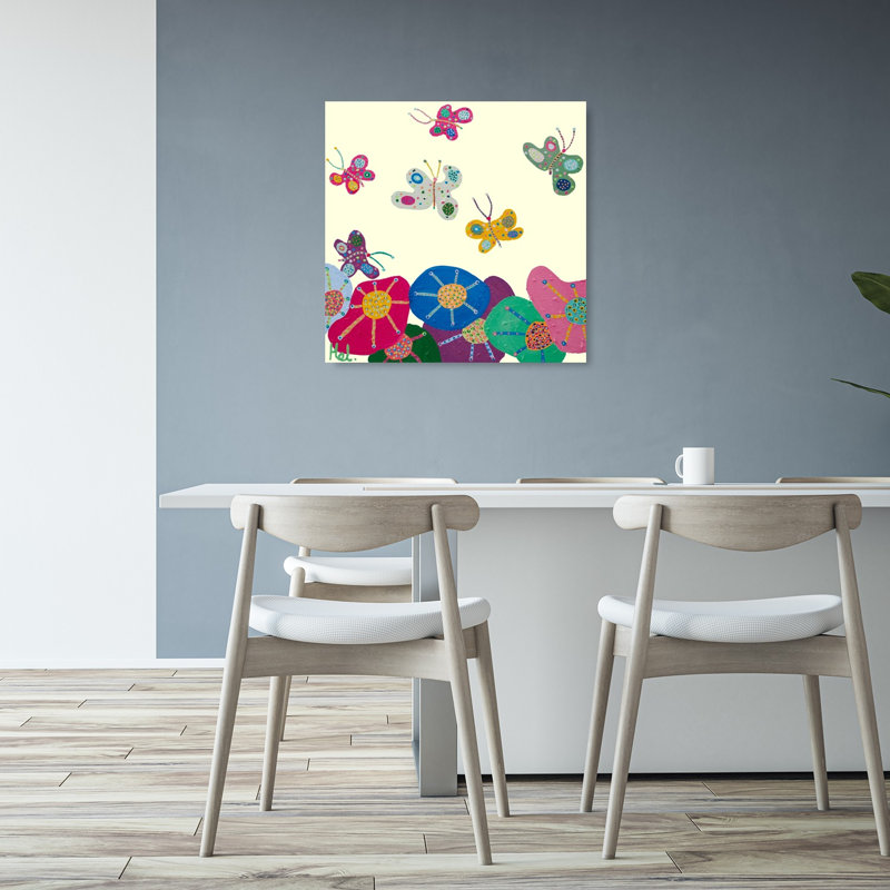 Whimsical Garden Butterflies Abstract Contemporary Butterfly Moth Flower Wall Art Print by Helen Joynson - Print