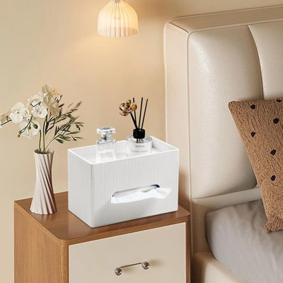 Rectangular Tissue Box Cover With Storage Tray, PU Leather Tissue Box Holder For Bathroom Vanity Countertop Night Stands Bedroom Office Desk