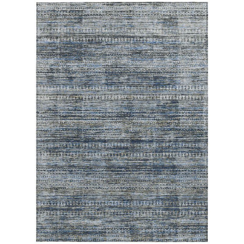 Tapis extérieur lavable rayé bleu et ivoire 10 pi x 14 pi