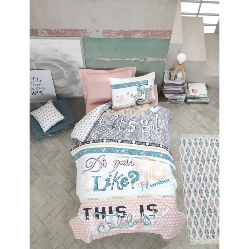 Ensemble de housse de couette 100% coton 3 pièces bleu / rose / gris Burritt