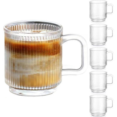 6 PACK Premium Glass Coffee Mugs With Handle Classic Vertical Stripes Glass Coffee Cups Transparent Tea Cup For Hot/Cold Beverages Glassware Set For Americano Latte Cappuccino
