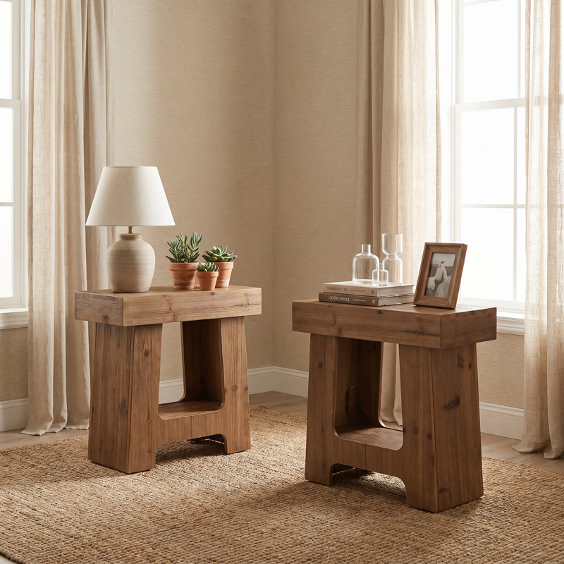 Rustic Solid Wood End Table, Rectangular Side Table with Storage Shelf, 2