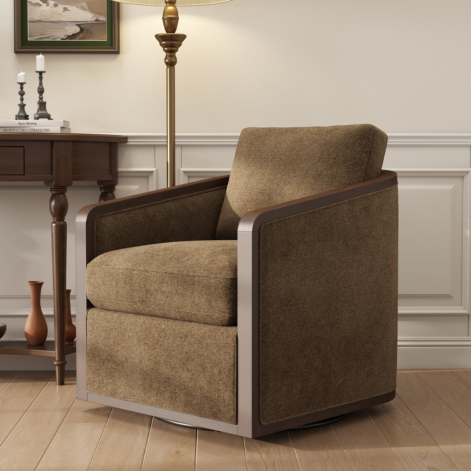  Clarisse Upholstered Swivel Chair, Light Coffee