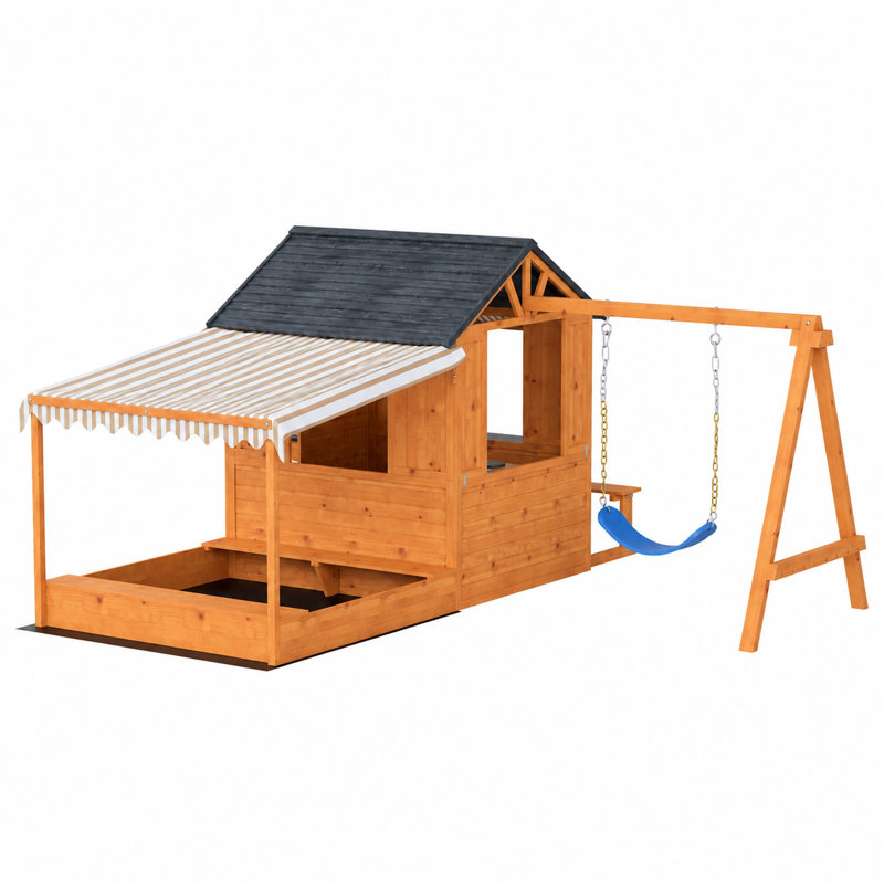Maisonnette extérieure en bois pour enfants avec balançoire, bac à sable, cuisine et coin goûter pour des jeux actifs dans le jardin