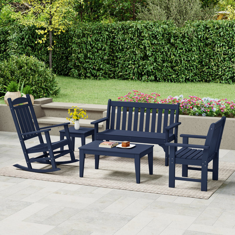 Ayling Poly 5-Piece Bench & Rocking Chair Set, Navy Blue